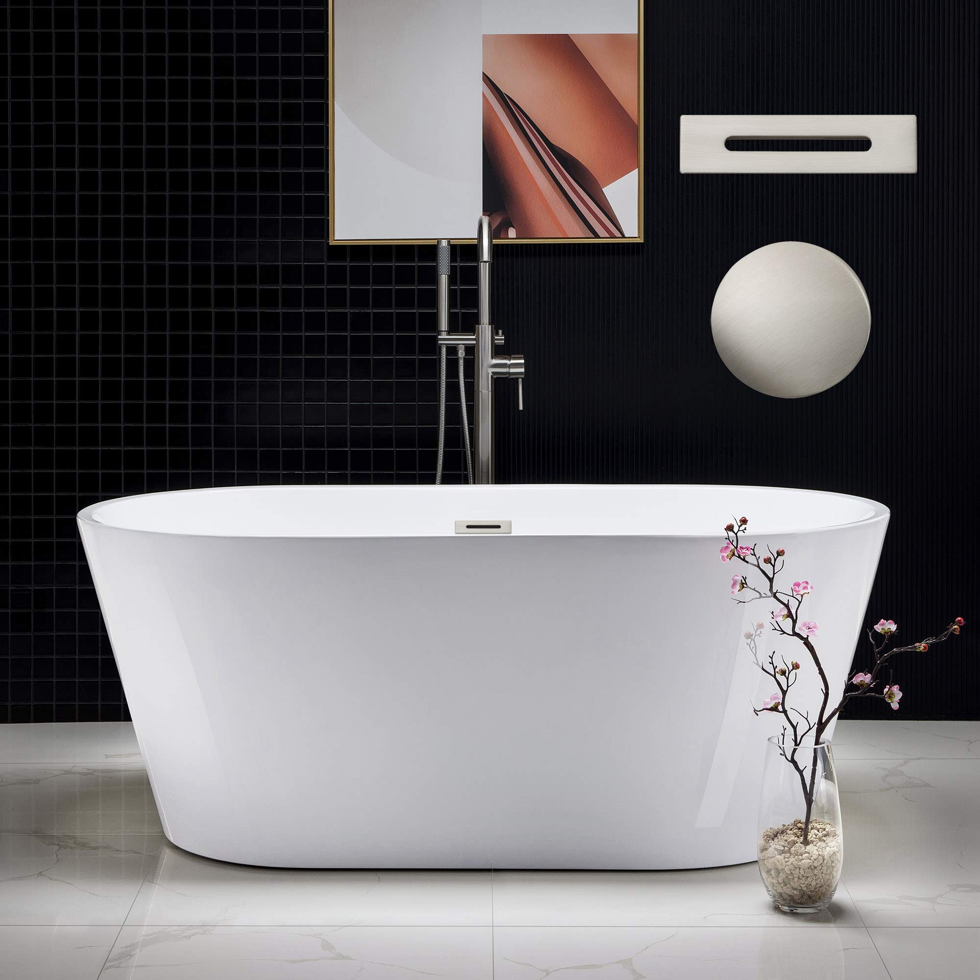 WOODBRIDGE 67" Acrylic Freestanding Bathtub Contemporary Soaking Tub, White Acrylic (Matte Black Drain/Overflow), B0013-MB-Drain &O