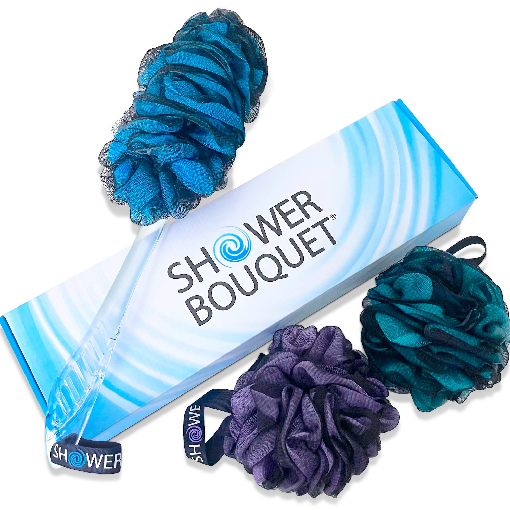 Loofah-Charcoal Back-Scrubber & Bath-Sponges by Shower Bouquet: 1 Long-Handle-Back-Brush Plus 2 Extra Large 75g Soft Mesh Poufs, Men & Women - Exfoliate with Full Pure Cleanse in Bathing Accessories