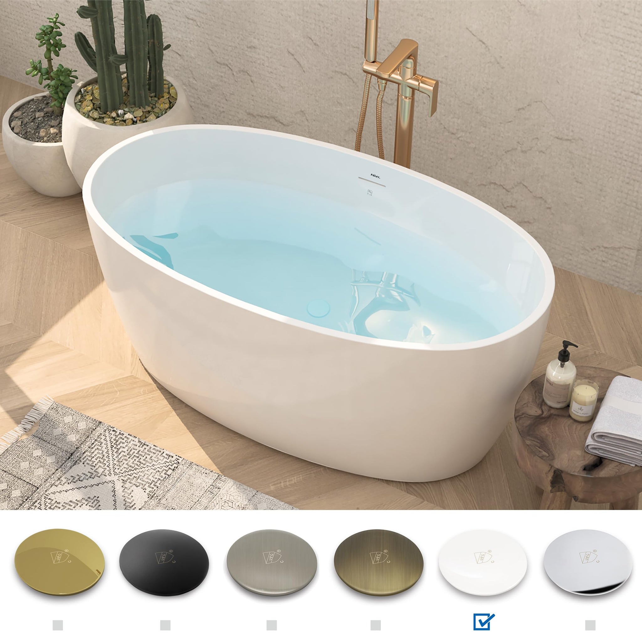 FerdY Tahiti 55" Acrylic Freestanding Bathtub, Elegant Oval Shape Soaking Bathtub, Glossy White, Brushed Nickel Drain & Integrated Slotted Overflow Assembly Included cUPC Certified