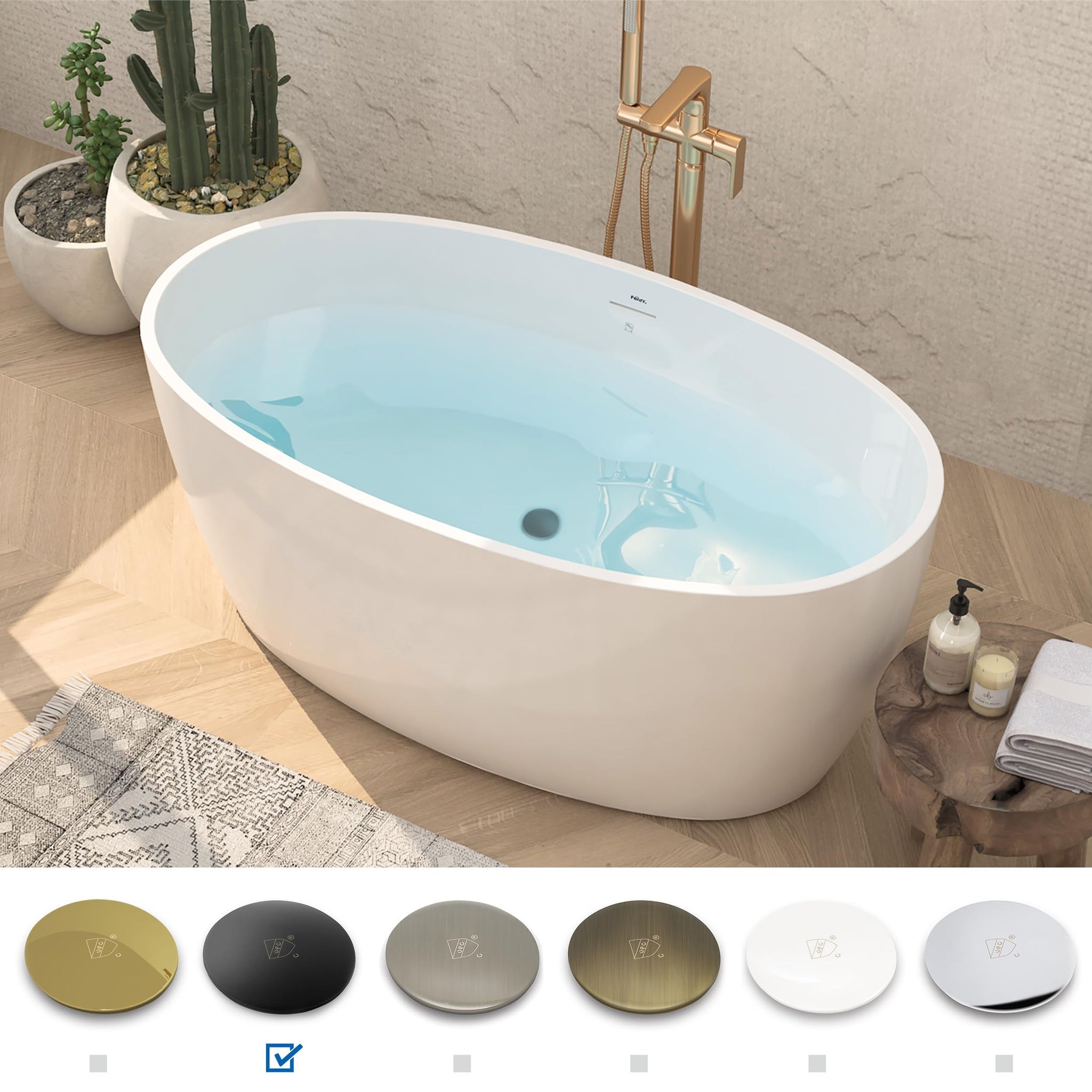 FerdY Tahiti 55" Acrylic Freestanding Bathtub, Elegant Oval Shape Soaking Bathtub, Glossy White, Brushed Nickel Drain & Integrated Slotted Overflow Assembly Included cUPC Certified