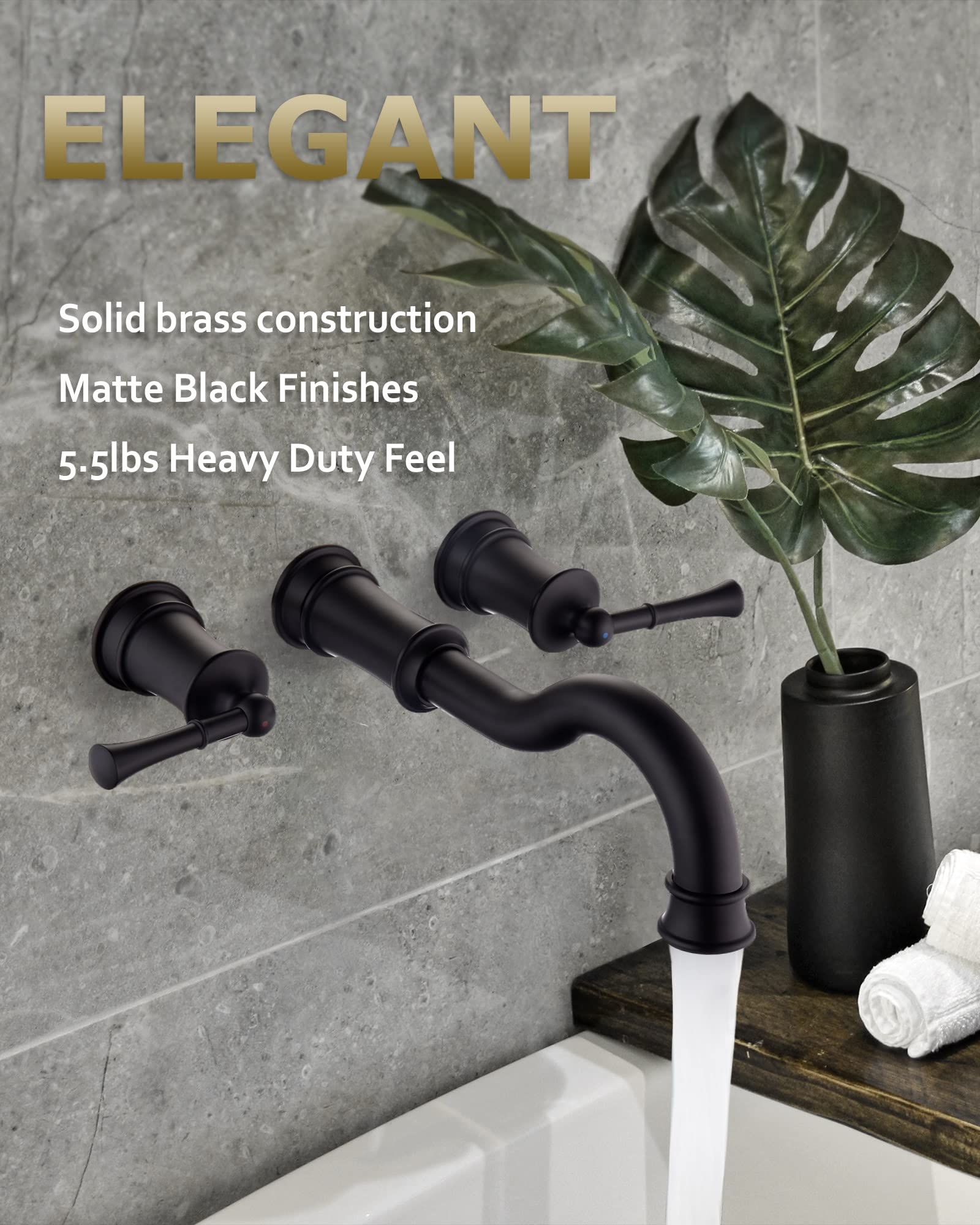 Roman Bathtub Faucet Wall Mount Widespread Tub Filler with Rough-in Valve 3 Holes 2 Lever Handle Elegant Classic Spout for Bathroom, Matte Black