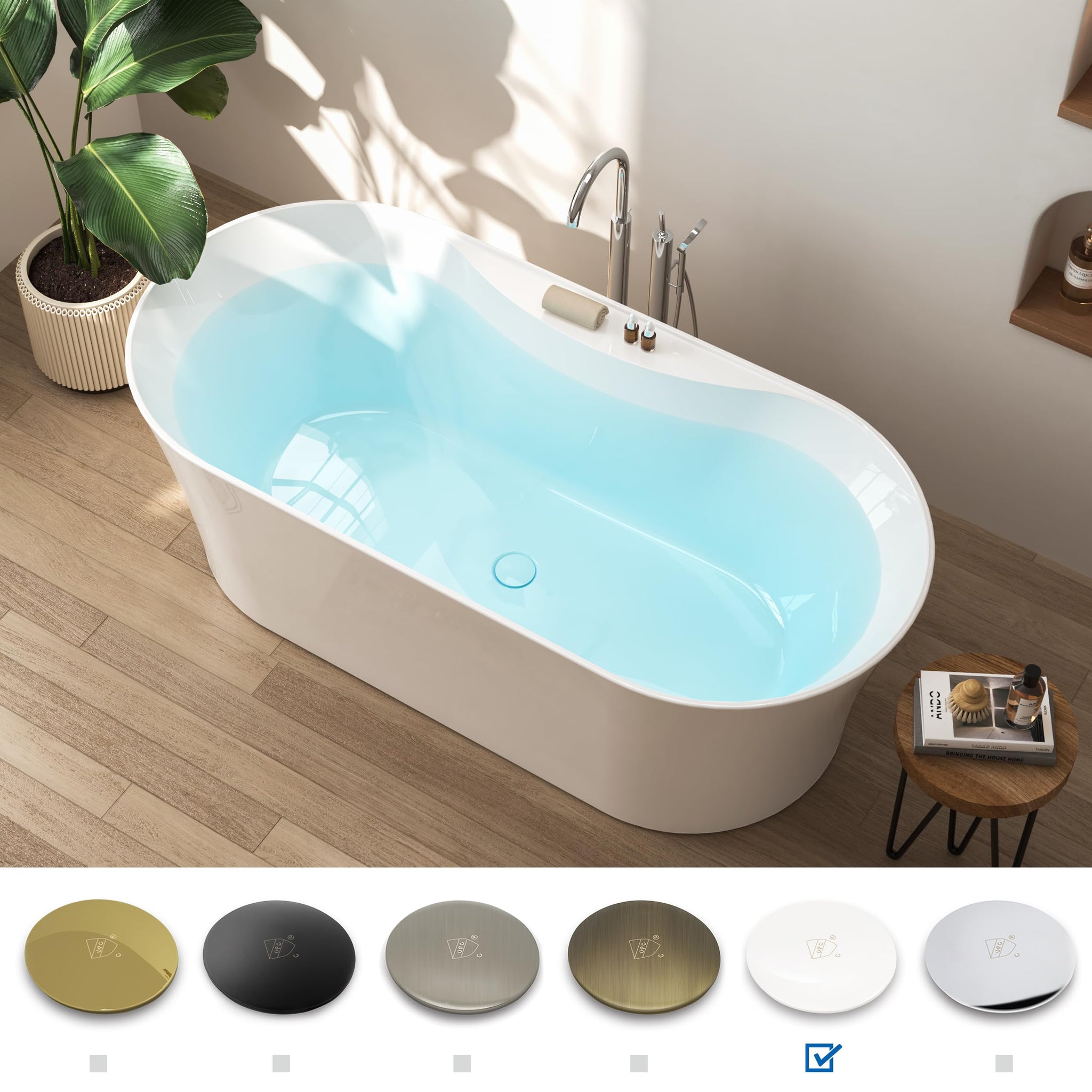 FerdY Tahiti 55" Acrylic Freestanding Bathtub, Elegant Oval Shape Soaking Bathtub, Glossy White, Brushed Nickel Drain & Integrated Slotted Overflow Assembly Included cUPC Certified