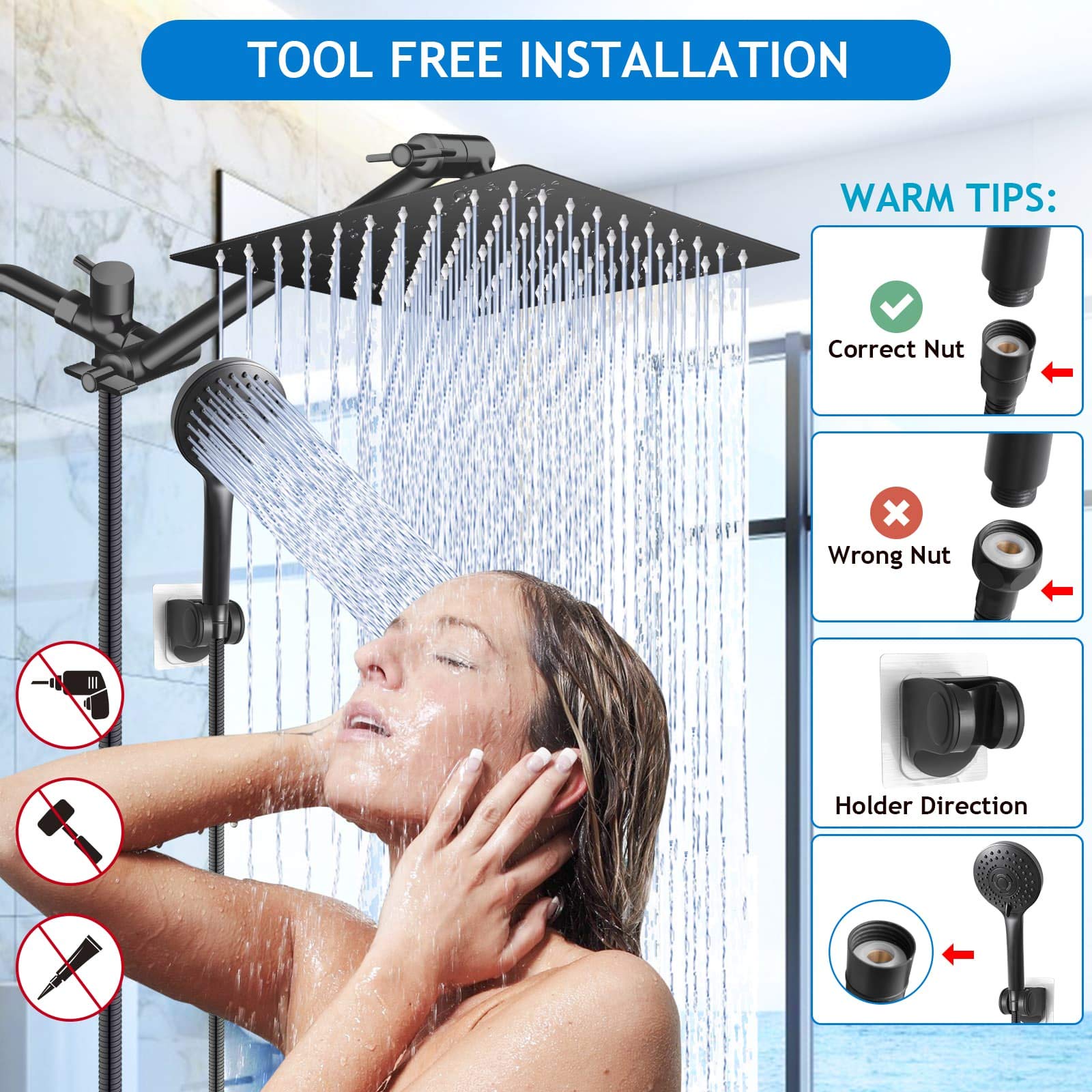 Shower Head Combo,10 Inch High Pressure Rain Shower Head with 11 Inch Adjustable Extension Arm and 5 Settings Handheld ,Powerful Shower Spray Against Low Pressure Water with Long Hose