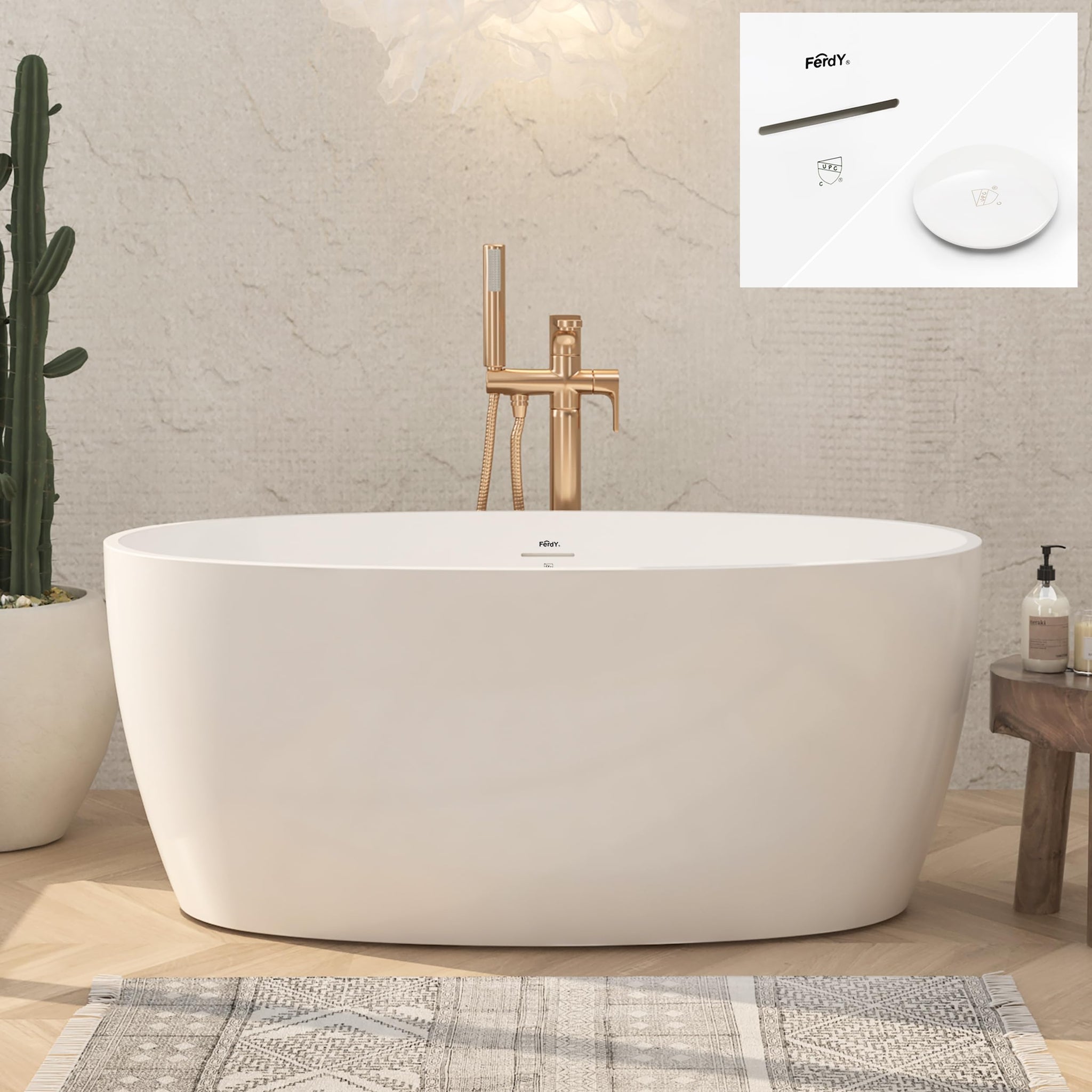 FerdY Tahiti 55" Acrylic Freestanding Bathtub, Elegant Oval Shape Soaking Bathtub, Glossy White, Brushed Nickel Drain & Integrated Slotted Overflow Assembly Included cUPC Certified