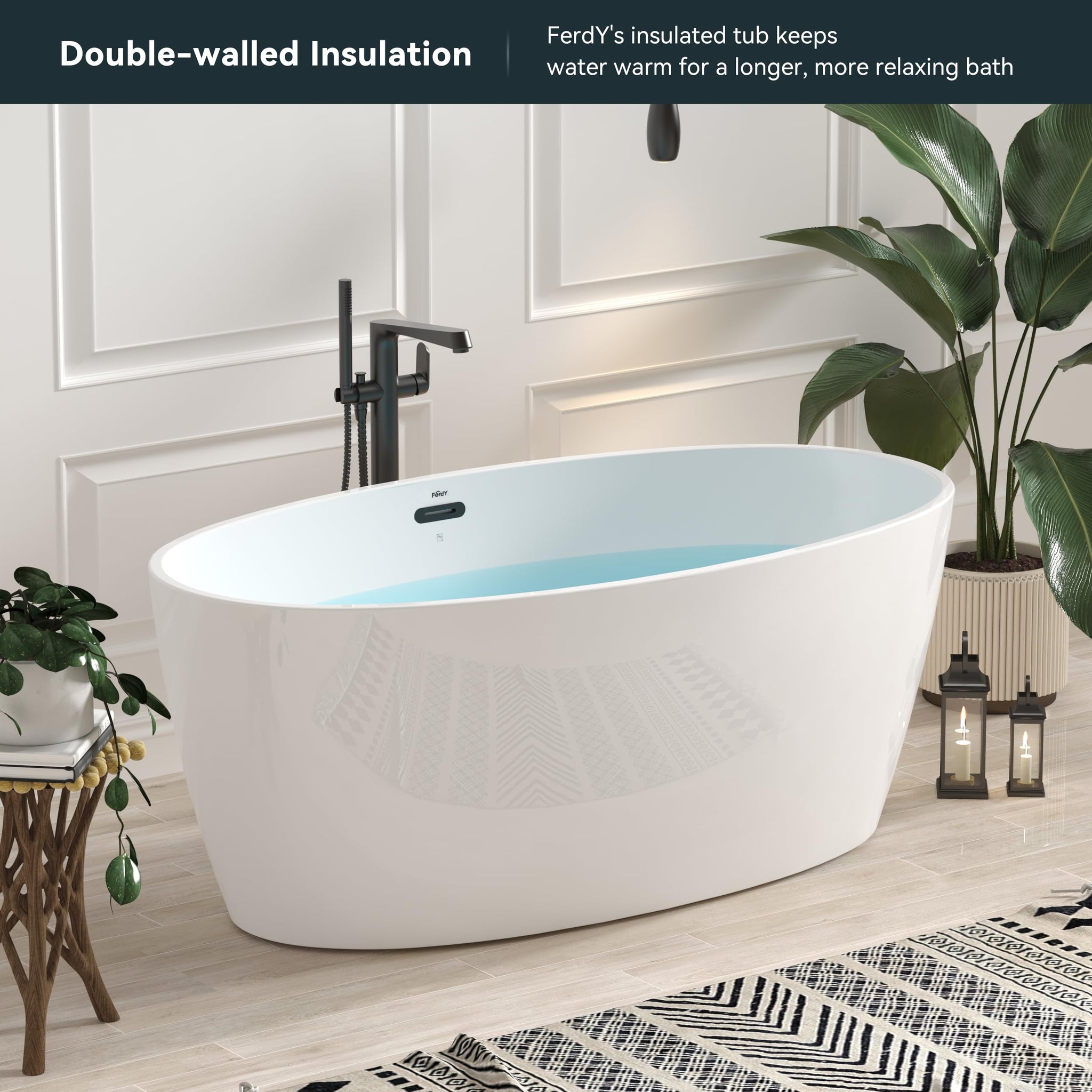 FerdY Tahiti 55" Acrylic Freestanding Bathtub, Elegant Oval Shape Soaking Bathtub, Glossy White, Brushed Nickel Drain & Integrated Slotted Overflow Assembly Included cUPC Certified