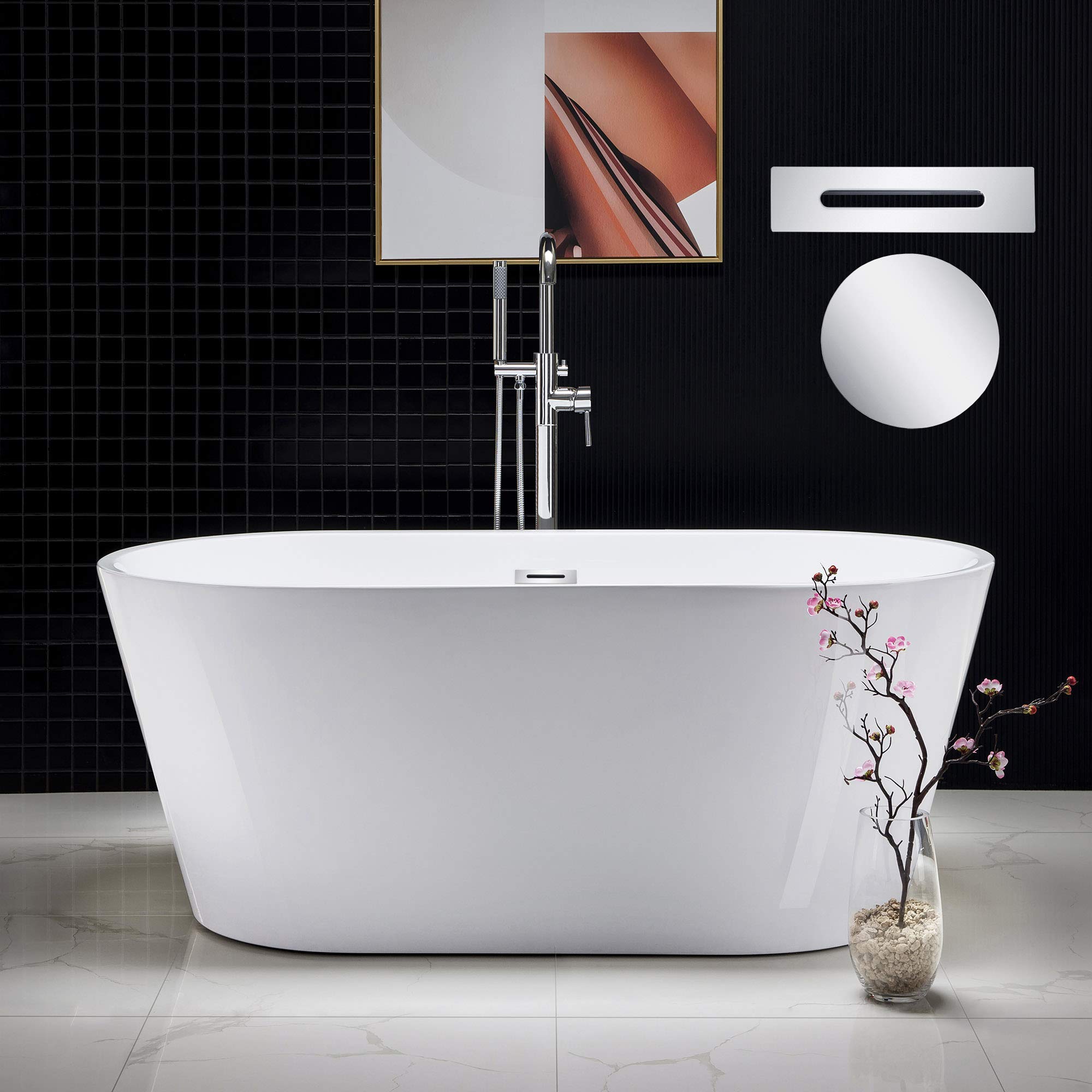 WOODBRIDGE 67" Acrylic Freestanding Bathtub Contemporary Soaking Tub, White Acrylic (Matte Black Drain/Overflow), B0013-MB-Drain &O