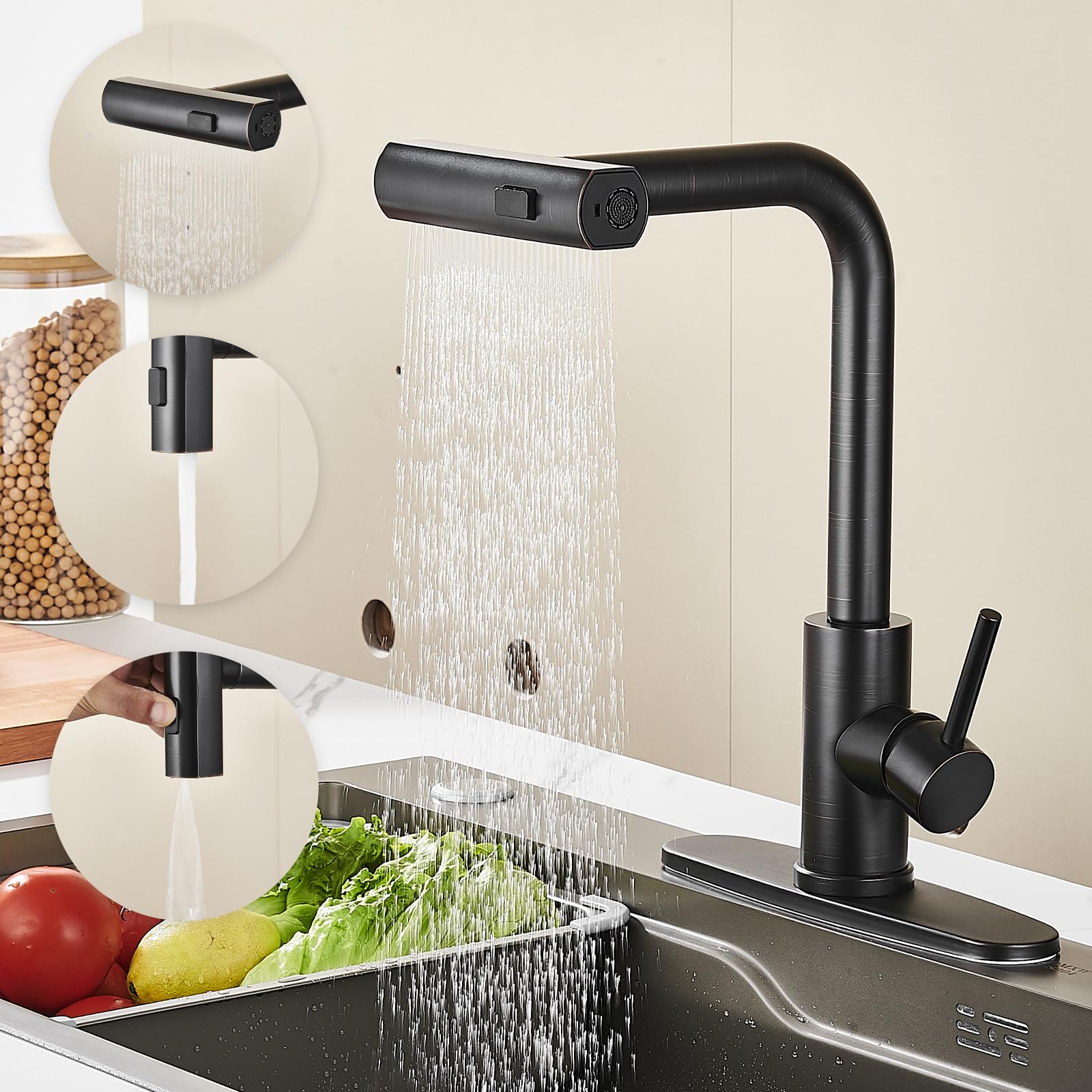 AVSIILE Kitchen Faucet with Pull Down Sprayer, Black Waterfall Touch Single Hole Stainless Steel Kitchen Sink Faucets, Commercial Modern Single Handle Faucets for Kitchen Sinks with Pull-Down Sprayer