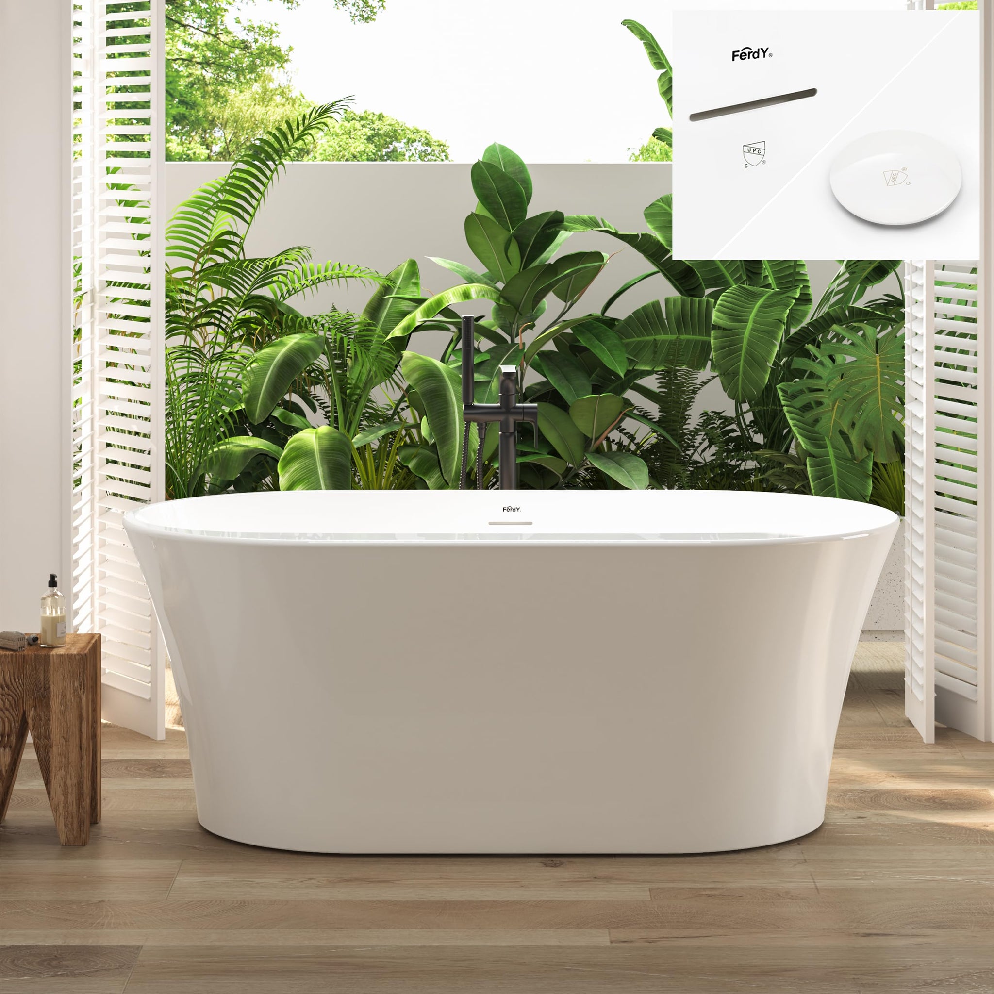 FerdY Shangri-La 67" Acrylic Freestanding Bathtub, Classic Oval Shape Acrylic Soaking Bathtub with Brushed Nickel Drain & Minimalist Linear Design Overflow, Modern White, cUPC Certified