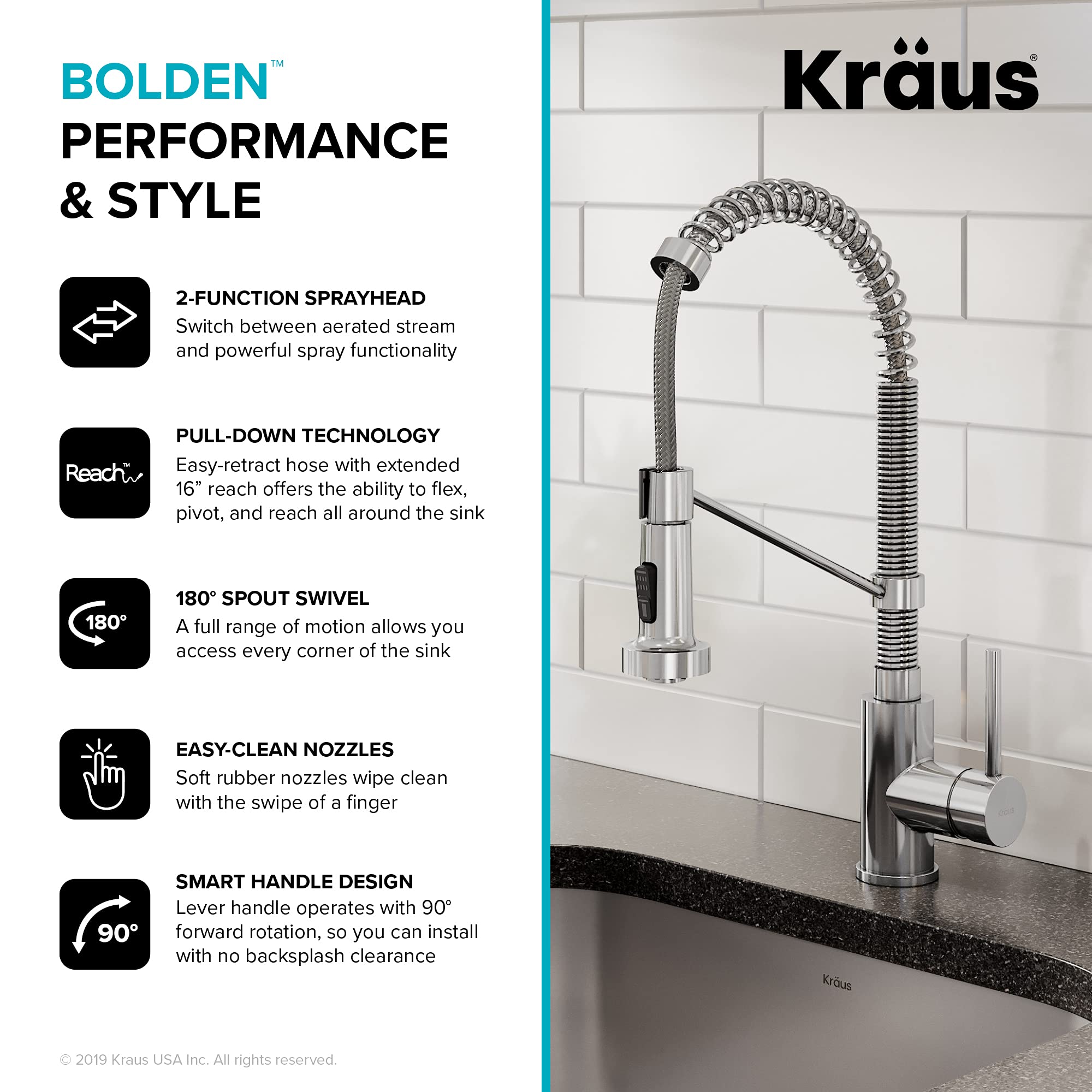 KRAUS Bolden Commercial Style Pull-Down Single Handle 18-Inch Kitchen Faucet in Brushed Brass/Matte Black, KPF-1610BBMB